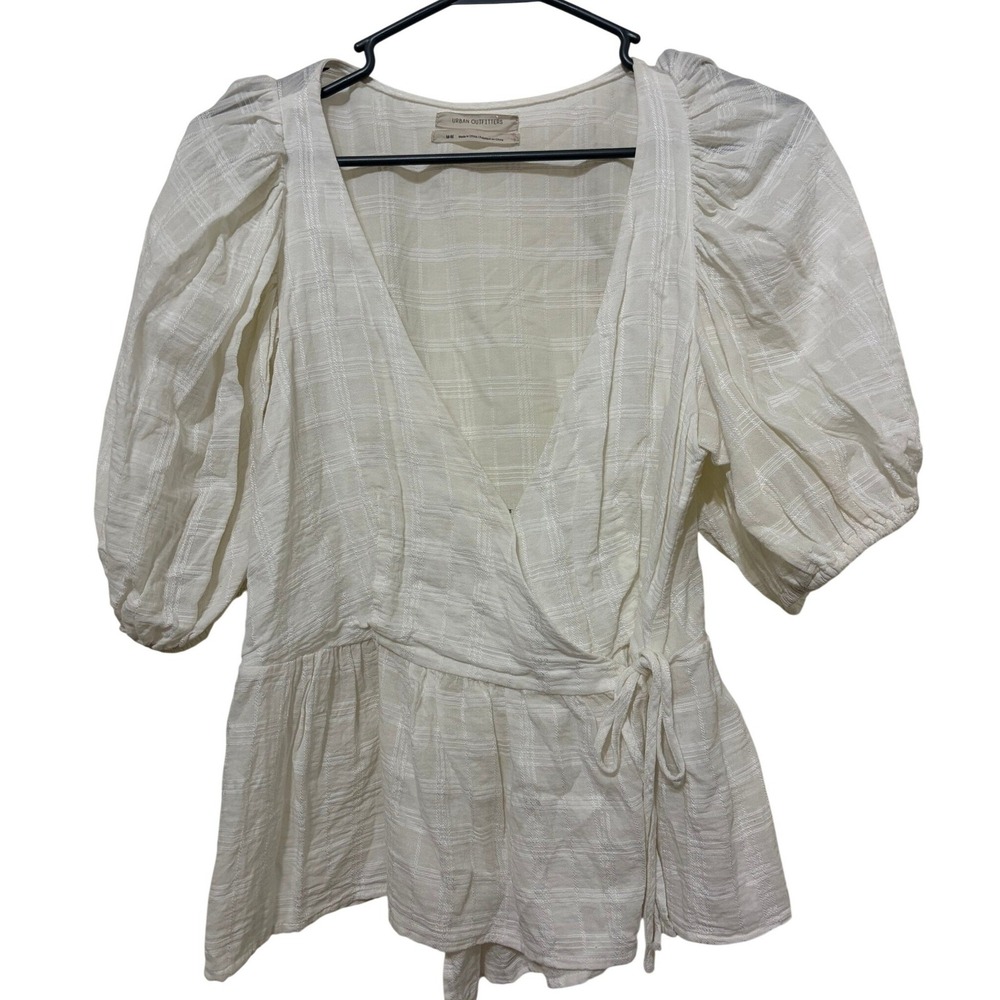 Urban Outfitters White Puff Sleeve Wrap Top Peplum Plaid Textured Blouse Medium